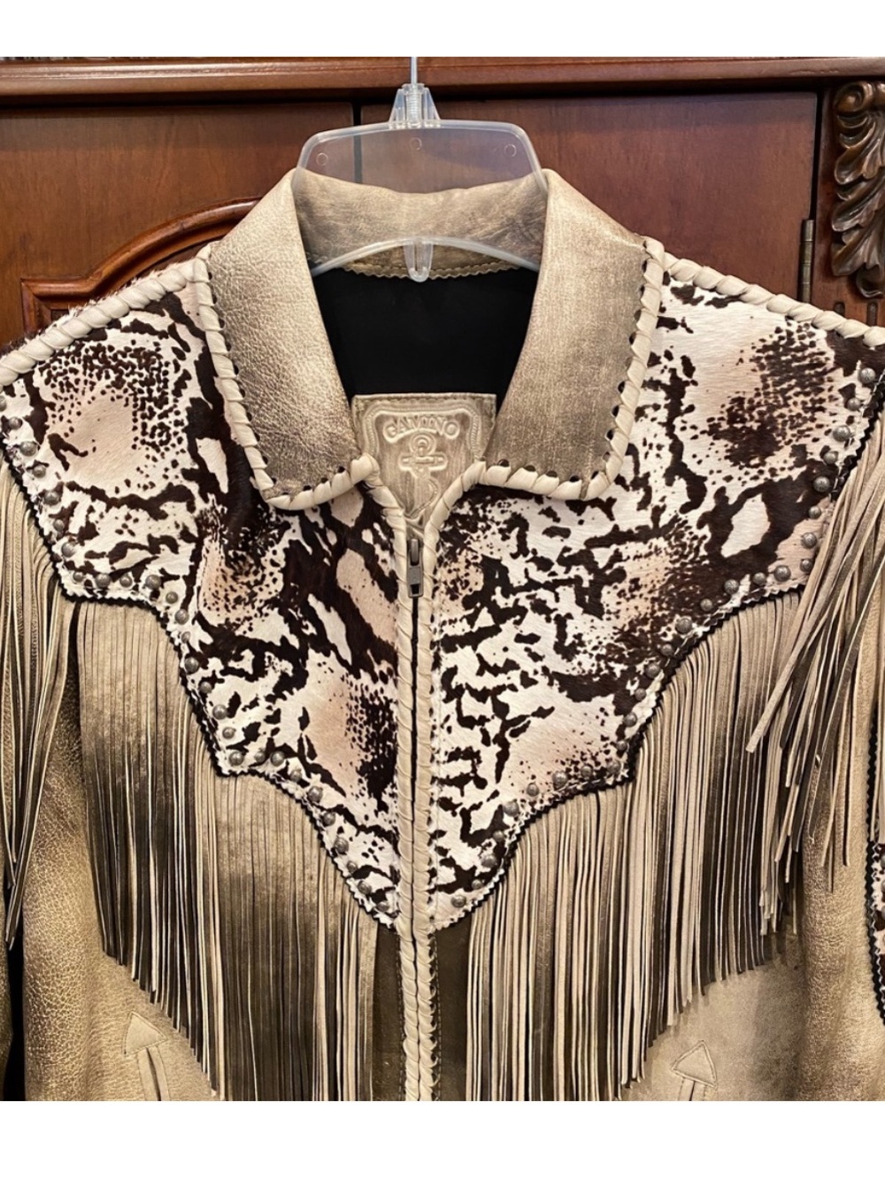 Fringed Leather Jacket with Animal Print Accents - Beige/Brown - Picture 3 of 4